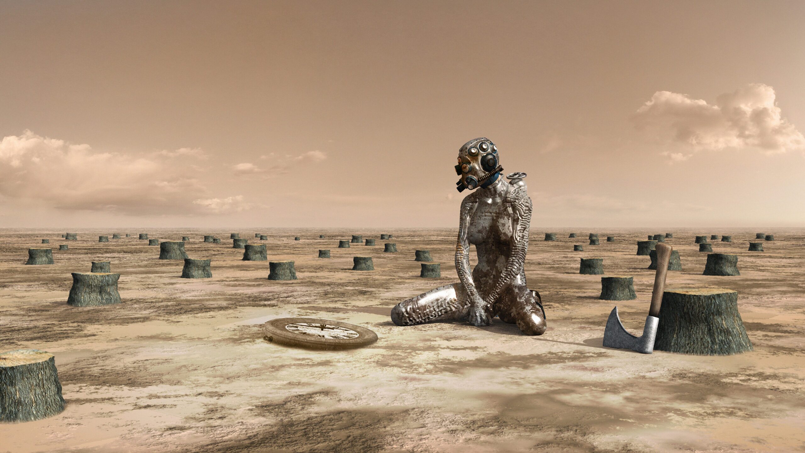 Apocalyptic scenery with sitting woman and rusty clock