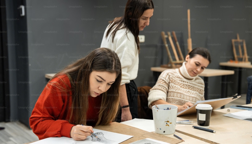 people sitting at table sketching. a woman is behind them looking at their work as if to provide feedback