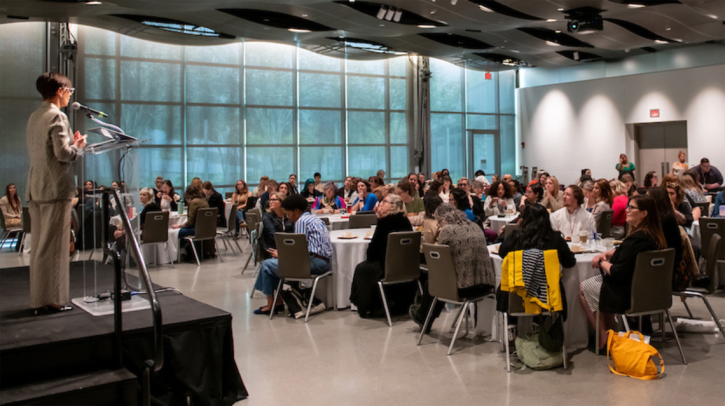 Person at a podium delivering speech to people seated around tables